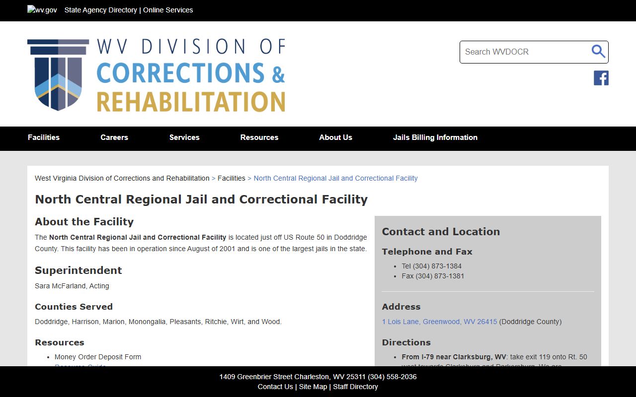 North Central Regional Jail and Correctional Facility custody and visitation information for Wirt County