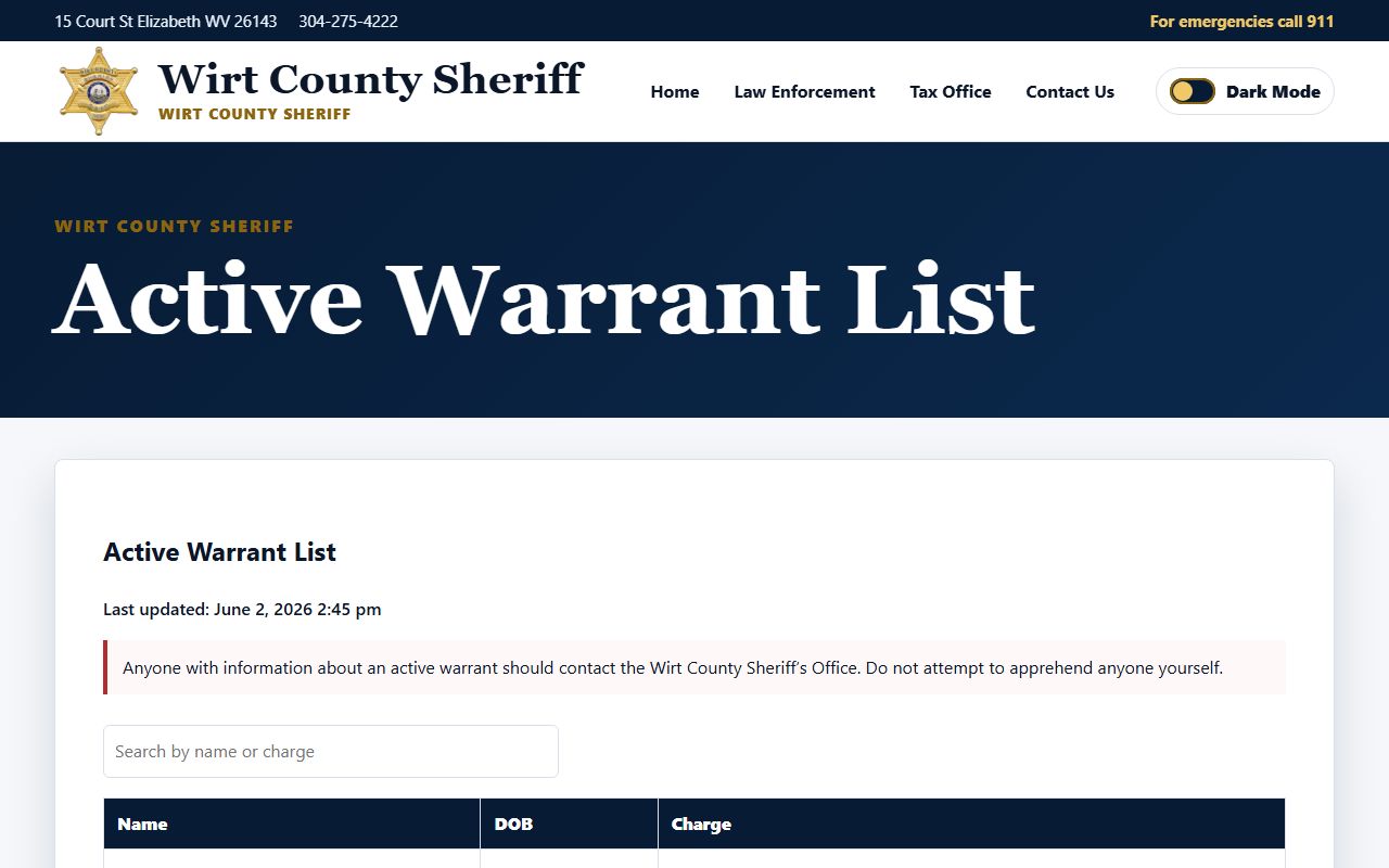Wirt County warrant list without jail mugshots or booking photos