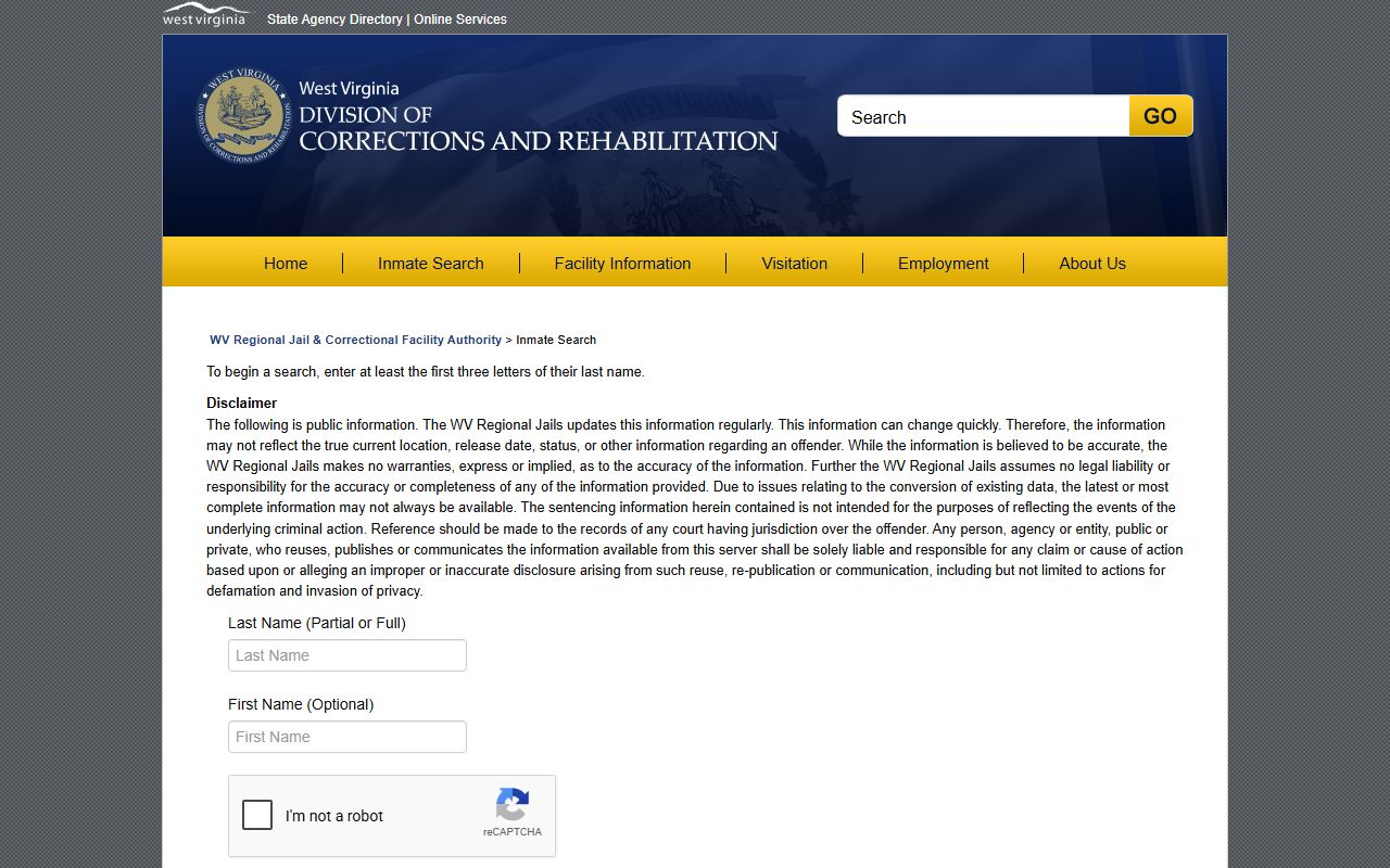 Wirt County inmate search fields in the WV regional jail offender search